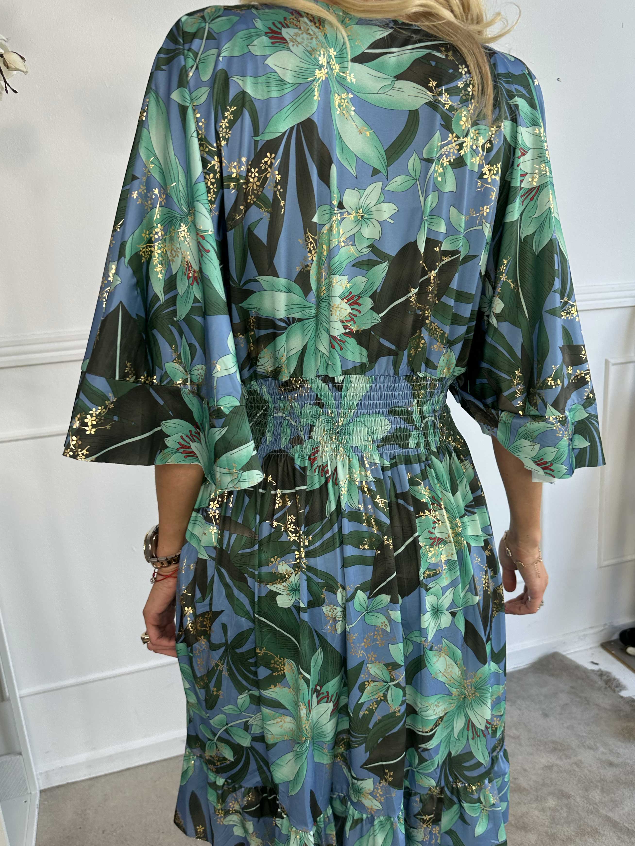 Pamela Gold Flower Short - Elastisk kjole med smock og flæser